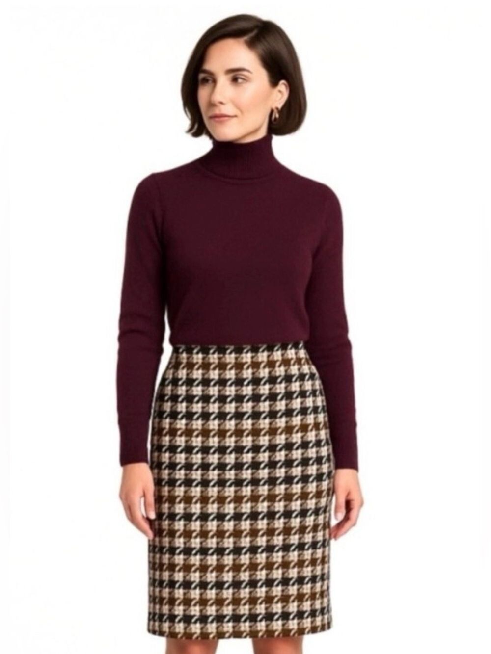 Vintage 100% Wool Houndstooth Pencil Skirt, Cream Tan Black Plum-Purple, Size 4